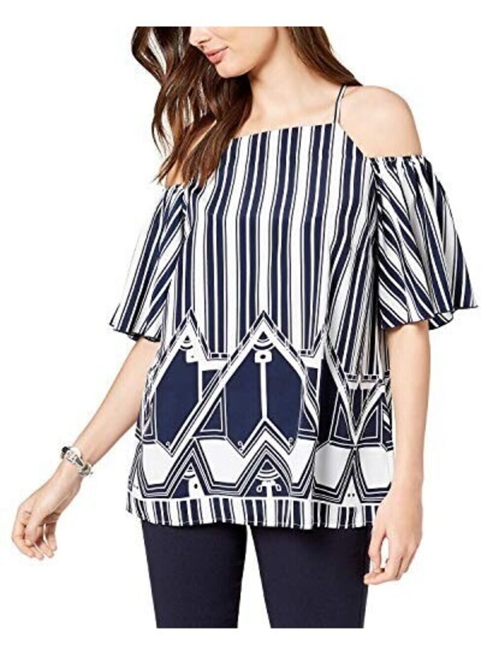 Alfani Womens Cold-Shoulder Striped Blouse Size S